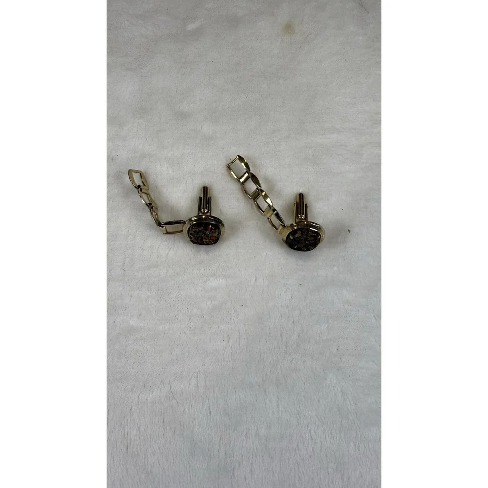 Gold Tone Oval Mosaic Inlay Cufflinks Brown Amber Stone Look Men's Formal‎